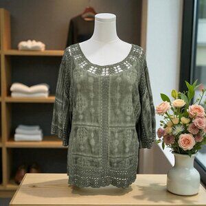 Democracy Olive Lace Tunic Top Large Boho Cottagecore Earthy Feminine Vintage